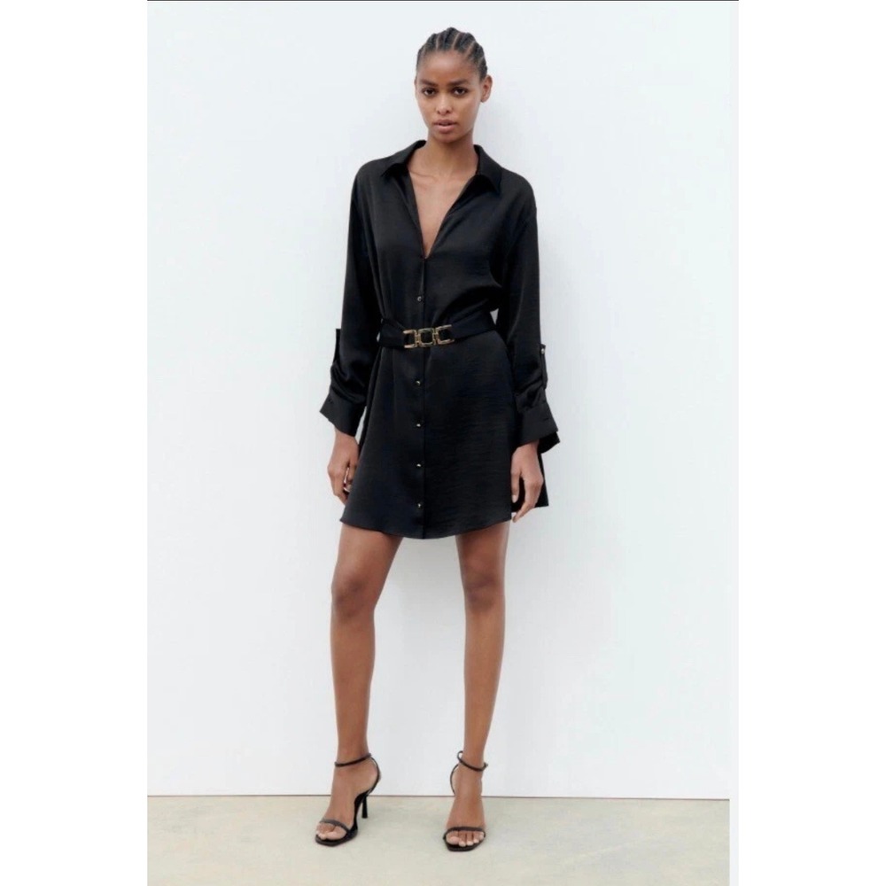 Zara Black Satin Shirt Dress Gold Buckle Belted Roll Tab Mini 2366/851 M